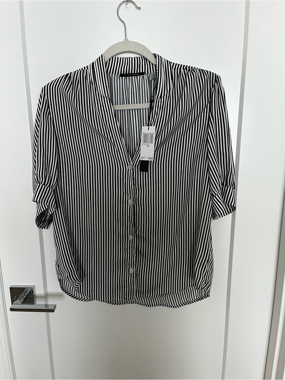 Tahari Satin-Like Black and White Striped Button-Down Shirt
